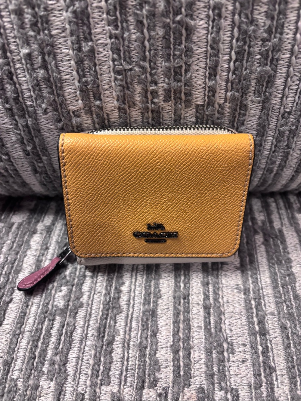 Coach Small Saffiano Zip Wallet in Mustard Yellow with Pink Pull